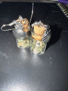 Mini Glass Bottle Earrings with Cork and Shell Charm - Green Accent